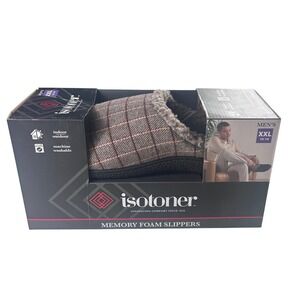 Isotoner Mens Memory Foam Slippers XXL 13-14 Smokey Taupe Plaid Indoor Outdoor